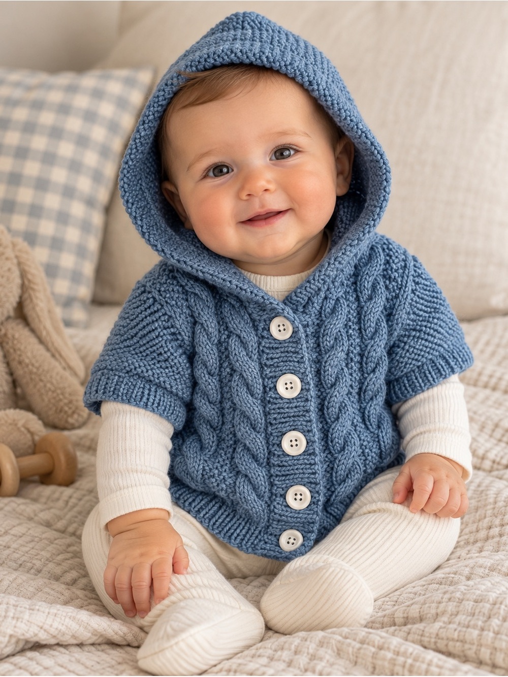 Handmade Baby Cable Knit Hooded Cardigan | Blue Short Sleeve Sweater